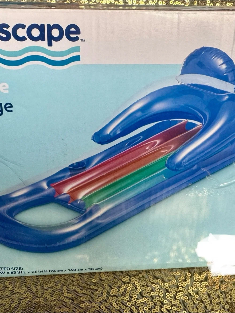Blue Inflatable Lounge Float with Red & Green Inner Stripes